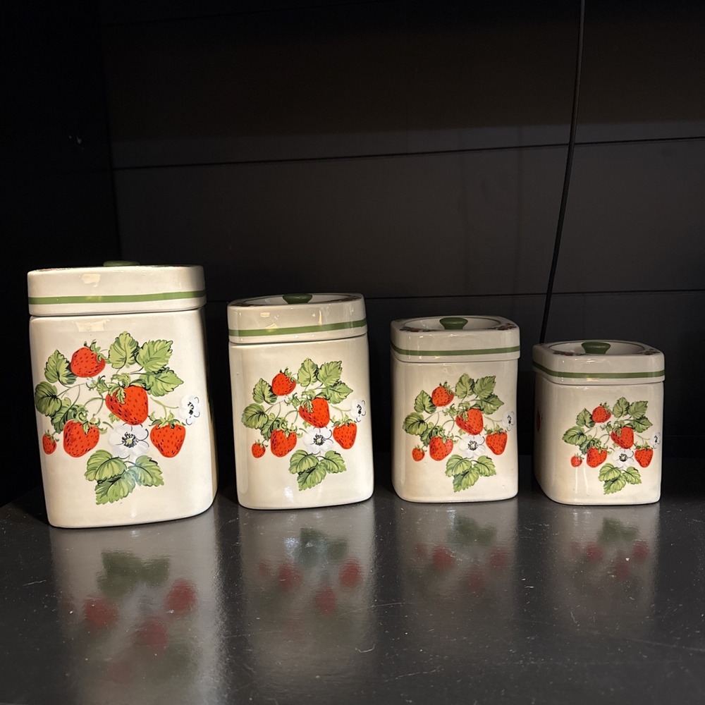 Vintage Strawberry Canister Set X4 Ceramic Stoneware w Lids Made in Korea 1970s